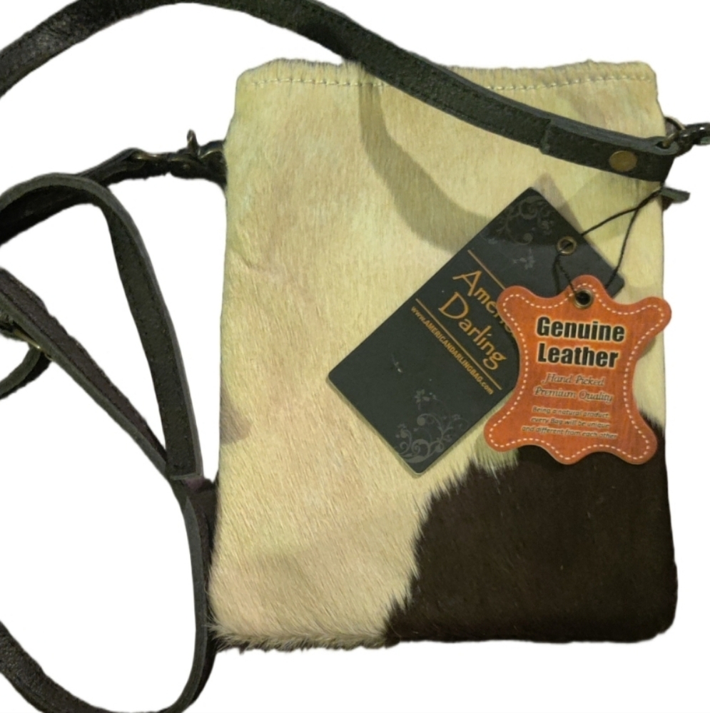 American Darling Genuine Leather & Cowhide Crossbody Bag - Brown and Cream Nwt